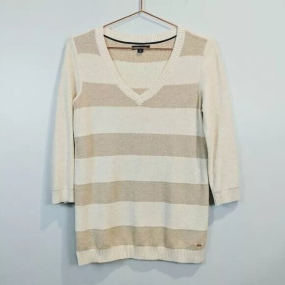 Tommy Hilfiger | V neck Horizontal Striped sweater Cream Tan - Picture 1 of 7